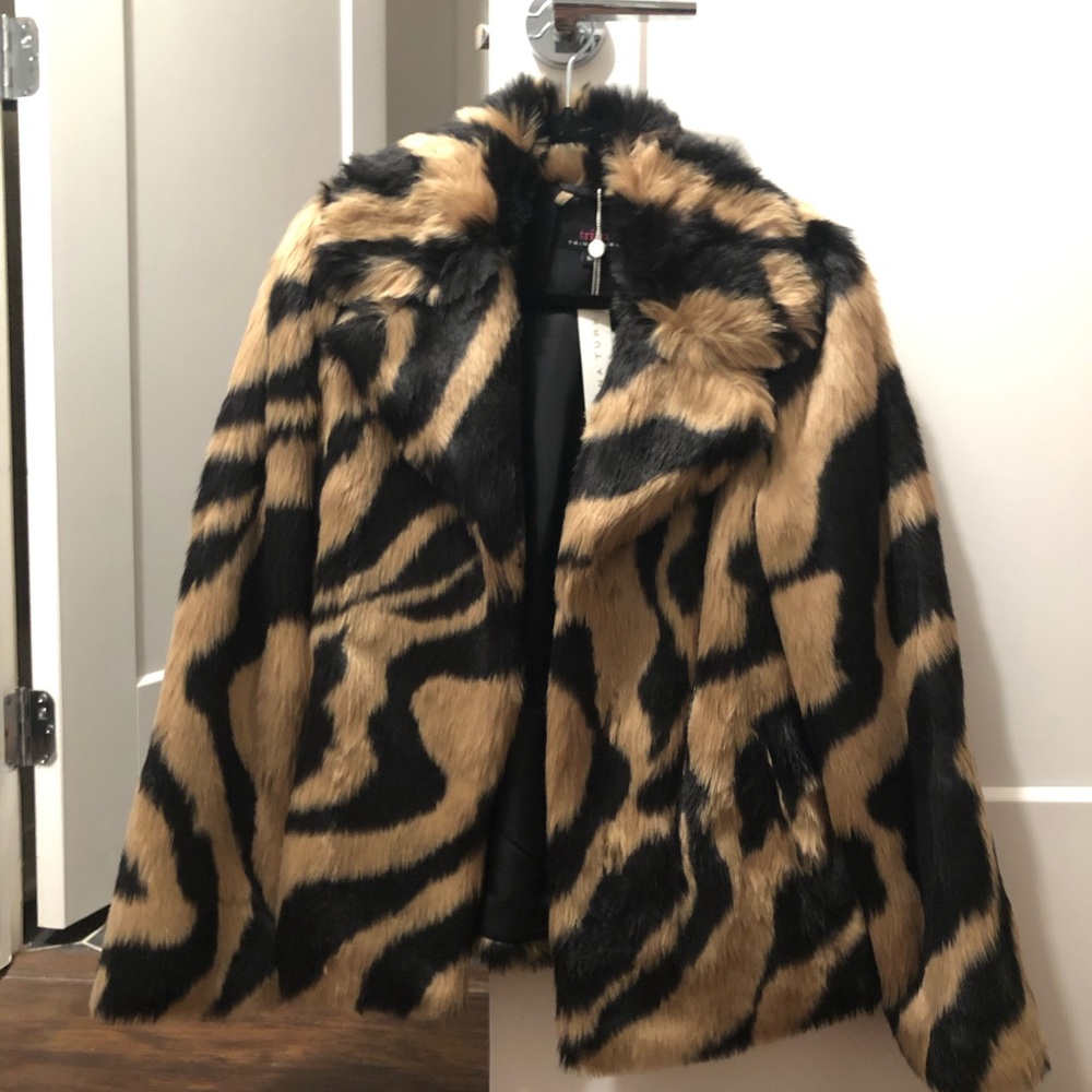 Trina Turk Animal Zebra Print Faux Fur Coat